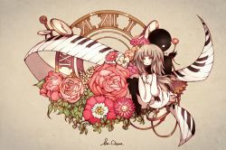 Rule 34 | 1girl, back-to-back, deemo, deemo (character), flower, flower request, full body, gears, girl (deemo), instrument, iralion, crossed legs, looking at viewer, piano, roman numeral, rose, signature, smile, yellow eyes