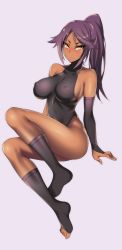 Rule 34 | 1girl, ass, black leotard, bleach, blush, breasts, bridal gauntlets, collarbone, covered erect nipples, covered navel, dark-skinned female, dark skin, full body, hevn, highres, impossible clothes, impossible leotard, invisible chair, kneehighs, large breasts, leotard, long hair, looking at viewer, ponytail, purple hair, shihouin yoruichi, sitting, smile, socks, solo, thighs, toeless legwear, turtleneck, yellow eyes