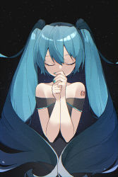 Rule 34 | 1girl, absurdres, arm tattoo, closed eyes, collarbone, commentary, dress, eyelashes, floating hair, green nails, hair between eyes, hands up, hatsune miku, highres, long hair, nail polish, own hands together, reirou (chokoonnpu), solo, symbol-only commentary, tattoo, twintails, vocaloid