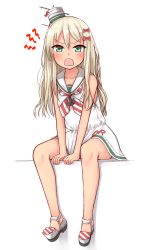 Rule 34 | 1girl, absurdres, blonde hair, blue eyes, commentary request, dress, full body, grecale (kancolle), highres, kantai collection, long hair, low-cut armhole, open mouth, ribbon, sailor collar, sailor dress, side-tie dress, simple background, sitting, sleeveless, sleeveless dress, solo, striped neckwear, tiemu (man190), wavy hair, white background, white dress, white ribbon, white sailor collar