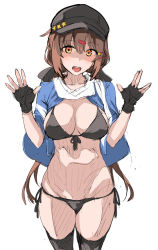 Rule 34 | 1girl, alternate breast size, bikini, black bikini, black bow, black gloves, black headwear, black thighhighs, blue shawl, bow, breasts, brown eyes, brown hair, commentary request, fingerless gloves, front-tie top, gloves, hair bow, highres, kantai collection, long hair, looking at viewer, low twintails, medium breasts, scarf, shawl, side-tie bikini bottom, simple background, solo, standing, star (symbol), swimsuit, tashkent (kancolle), thighhighs, torn clothes, torn scarf, twintails, waving, white background, white scarf, yukiguni yuu