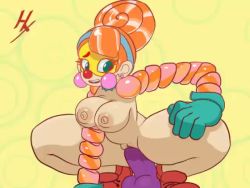 Rule 34 | 1girl, animated, arms (game), blue eyes, breasts, clown, clown nose, cowgirl position, dildo, earrings, gloves, hair ornament, hexanne, jewelry, jiggle, large breasts, lola pop, mask, multicolored hair, nintendo, nipples, nude, pussy, sex, sex toy, shoes, smile, solo, straddling, thick thighs, thighs, vaginal, video