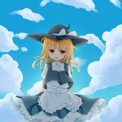 Rule 34 | 1girl, apron, arms behind back, blonde hair, blue sky, cloud, cowboy shot, day, fang, frilled apron, frilled skirt, frills, hat, hat ribbon, head tilt, highres, kirisame marisa, long hair, looking at viewer, mare (shiori 3021), open mouth, ribbon, short sleeves, skirt, skirt set, sky, touhou, waist apron, wind, witch hat, yellow eyes