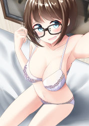 Rule 34 | 1girl, :d, bare arms, bare shoulders, bed sheet, black-framed eyewear, blue eyes, blush, bra, breasts, brown hair, cleavage, closed mouth, collarbone, glasses, hand up, head tilt, looking at viewer, medium breasts, nekobaka, open mouth, original, outstretched arm, panties, reaching, reaching towards viewer, selfie, short hair, sitting, smile, solo, underwear, underwear only, white bra, white panties