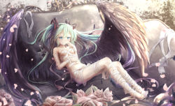 Rule 34 | 00s, 1girl, ahoge, aqua hair, bandages, bandages around chest, barefoot, black wings, blue eyes, breasts, cleavage, collarbone, feathered wings, feet, floating hair, flower, hair between eyes, hair ornament, hatsune miku, jewelry, long hair, midriff, naked ribbon, navel, necklace, parted lips, ribbon, sitting, small breasts, smile, solo, stomach, twintails, underboob, utatanecocoa, very long hair, vocaloid, white flower, wings