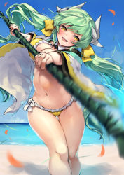 Rule 34 | 1girl, :d, beach, bikini, blurry, bouncing breasts, bow, breasts, cleavage, day, depth of field, fate/grand order, fate (series), frilled bikini, frills, gluteal fold, hair bow, head tilt, holding, holding staff, horizon, jacket, kiyohime (fate), kiyohime (fate/grand order), kiyohime (swimsuit lancer) (fate), kiyohime (swimsuit lancer) (first ascension) (fate), long hair, long sleeves, looking at viewer, low ponytail, medium breasts, motion blur, navel, neo-masterpeacer, open clothes, open jacket, open mouth, outdoors, sand, shore, sleeves pushed up, smile, staff, stomach, summer, swimsuit, thigh gap, water, white bow, white jacket, yellow bikini, yellow bow, yellow eyes