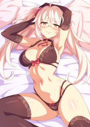 Rule 34 | 1girl, ahoge, armpits, arms up, bed sheet, black bra, black choker, black gloves, black panties, black thighhighs, bow, bow bra, bow panties, bra, breasts, choker, cleavage, closed mouth, commentary request, elbow gloves, glasses, gloves, hair ornament, head on pillow, lingerie, long hair, looking at viewer, lying, medium breasts, mmrailgun, navel, on back, on bed, original, panties, pointy ears, red bow, semi-rimless eyewear, solo, spread legs, sweat, thighhighs, twintails, under-rim eyewear, underwear, underwear only, white hair, yellow-framed eyewear, yellow eyes