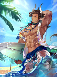 Rule 34 | 1boy, abs, absurdres, animal ears, arknights, bara, bare pectorals, bare shoulders, beach, blue male swimwear, brown hair, bulge, cow boy, cow ears, cow horns, crrispy shark, dark-skinned male, dark skin, day, feet out of frame, highres, horns, large pectorals, male focus, male swimwear, matterhorn (arknights), matterhorn (beach guard) (arknights), muscular, muscular male, navel, nipples, official alternate costume, one eye closed, open clothes, partially submerged, pectorals, see-through silhouette, short hair, shorts, solo, stomach, sunlight, surfboard, swim briefs, swim trunks, wet, wet shorts