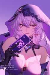 Rule 34 | 1girl, bare shoulders, black gloves, black swan (honkai: star rail), breasts, card, cleavage, commentary request, elbow gloves, gloves, hand up, highres, holding, holding card, honkai: star rail, honkai (series), large breasts, long hair, looking at viewer, ojo aa, purple background, purple eyes, purple hair, smile, solo, upper body, veil, very long hair