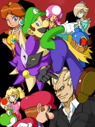 Rule 34 | 4girls, 6+boys, ^ ^, alternate costume, angry, aqua eyes, blonde hair, blue eyes, bowser, breasts, brown hair, business suit, closed eyes, crown, dimentio, doll, earrings, eye contact, facial hair, fighting stance, formal, gem, geno (mario), gloves, hat, jester, jewelry, long hair, looking at another, luigi, mario, mario (series), mask, multiple boys, multiple girls, mustache, nakagawa rui, nintendo, paper mario, pointing, ponytail, president koopa, princess, princess daisy, princess peach, red eyes, rosalina, star (symbol), suit, super mario bros. (film), super mario bros. 1, super mario galaxy, super mario land, super mario rpg, super paper mario, suspenders, toad (mario), toadette, yoshi