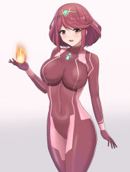 Rule 34 | 1girl, bodysuit, breasts, cosplay, covered erect nipples, covered navel, female focus, fire, fire, hair ornament, highres, higofushi, large breasts, looking at viewer, metroid, navel, nintendo, open mouth, plugsuit, pyra (xenoblade), red eyes, red hair, samus aran (cosplay), simple background, skin tight, skindentation, smile, solo, standing, white background, xenoblade chronicles (series), xenoblade chronicles 2, zero suit