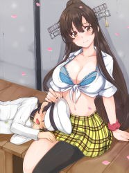 1boy 1girl admiral_(kancolle) alternate_costume black_hair black_thighhighs blue_bra bra breasts brown_eyes cherry_blossoms collarbone front-tie_top hat headgear highres kantai_collection lap_pillow large_breasts long_hair navel peaked_cap plaid_clothes plaid_skirt shirt short_sleeves shu-ten single_thighhigh skirt thighhighs tied_shirt underwear very_long_hair white_shirt yamato_(kancolle) yellow_skirt