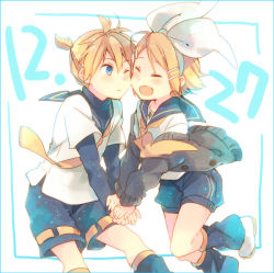 Rule 34 | 1boy, 1girl, :d, bad id, bad pixiv id, blush, brother and sister, cardigan, cheek-to-cheek, closed eyes, fang, hair ornament, hair ribbon, hairband, hairclip, holding hands, heads together, hetero, kagamine len, kagamine rin, leg warmers, one eye closed, open cardigan, open clothes, open mouth, ousaka nozomi, ribbon, sailor collar, shorts, siblings, smile, twins, vocaloid, wink