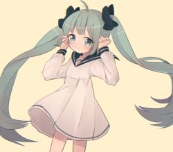Rule 34 | 1girl, aged down, ahoge, bad id, bad pixiv id, bow, dress, green eyes, green hair, hair bow, hatsune miku, long hair, matching hair/eyes, sailor dress, smile, solo, twintails, uttao, very long hair, vocaloid, yellow background