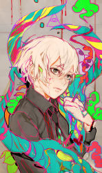 Rule 34 | 1boy, absurdres, black necktie, blonde hair, cigarette, colorful, commentary, from side, grey eyes, grey jacket, hair between eyes, highres, hiranko, holding, holding cigarette, jacket, long sleeves, looking afar, looking away, male focus, necktie, original, parted lips, psychedelic, sanpaku, solo, stain