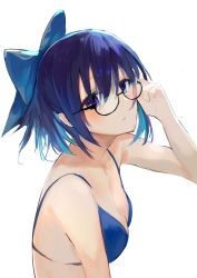 Rule 34 | 1girl, adjusting eyewear, alternate costume, bikini, black-framed eyewear, blue bikini, blue eyes, blue hair, bow, breasts, cleavage, closed mouth, commentary, expressionless, glasses, hair between eyes, hair bow, highres, hinata (hinata-ur), hololive, looking at viewer, medium breasts, semi-rimless eyewear, short hair, simple background, solo, swimsuit, upper body, virtual youtuber, white background, a-chan (hololive)