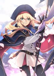 Rule 34 | 1girl, artoria caster (fate), artoria caster (second ascension) (fate), artoria pendragon (fate), belt, blonde hair, cowboy shot, fate/grand order, fate (series), gloves, green eyes, hair between eyes, hat, highres, holding, holding staff, long hair, long sleeves, looking at viewer, no-kan, pantyhose, sheath, solo, staff, standing, teeth