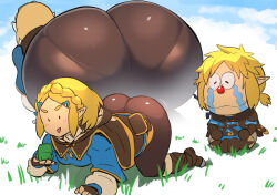 Rule 34 | 1boy, 1girl, accidental pervert, all fours, ass, blonde hair, blush, boots, crying, doraemon (character), from behind, hair ornament, hairclip, huge ass, link, looking at another, looking at ass, nintendo, nuezou, pants, pantylines, pointy ears, princess zelda, short hair, smile, streaming tears, tears, the legend of zelda, the legend of zelda: tears of the kingdom, top-down bottom-up