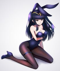 Rule 34 | 1girl, animal ears, annoyed, bare shoulders, black hair, black leotard, blue eyes, breast hold, breasts, brown pantyhose, cleavage, clenched teeth, collarbone, covered navel, detached collar, fake animal ears, fire emblem, fire emblem awakening, fire emblem heroes, full body, high heels, highres, large breasts, leotard, long hair, looking at viewer, nintendo, pantyhose, phiphi-au-thon, playboy bunny, rabbit tail, simple background, sitting, solo, strapless, strapless leotard, tail, teeth, tharja (fire emblem), tiara, wariza, wrist cuffs