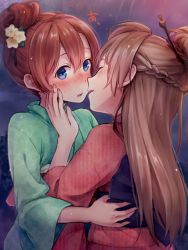 Rule 34 | 10s, 2girls, alternate hairstyle, blue eyes, blush, braid, brown hair, caught, closed eyes, face-to-face, french braid, hair ornament, hair stick, hair up, hands on another&#039;s cheeks, hands on another&#039;s face, highres, hug, imminent kiss, japanese clothes, kimono, kosaka honoka, long hair, looking at viewer, love live!, love live! school idol project, md5 mismatch, minami kotori, multiple girls, night, night sky, open mouth, orange hair, resized, short hair, sky, smile, sweatdrop, yukiiti, yuri