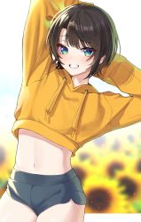 Rule 34 | 1girl, absurdres, arms up, black hair, blue eyes, breasts, clothes lift, grin, highres, hololive, hood, hoodie, looking at viewer, navel, oozora subaru, pomp (qhtjd0120), shirt lift, short hair, short shorts, shorts, smile, solo, sportswear, thighs, virtual youtuber, yellow hoodie