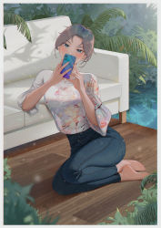 Rule 34 | 1girl, absurdres, barefoot, blue eyes, blush, brown hair, cellphone, couch, covering face, denim, floral print, garden, highres, jeans, leaning on object, looking at viewer, mole, mole under eye, original, pants, phone, plant, qizhu, shirt, short hair, sitting, smartphone, toes, water, wide sleeves, wooden floor