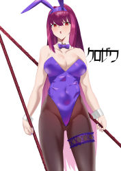Rule 34 | 1girl, animal ears, bare shoulders, blush, breasts, cleavage, detached collar, fake animal ears, fate/grand order, fate (series), gae bolg (fate), hair between eyes, highleg, highleg leotard, highres, kurozawa yui, large breasts, leotard, long hair, looking at viewer, nail polish, official alternate costume, open mouth, pantyhose, playboy bunny, polearm, purple hair, purple leotard, rabbit ears, red eyes, scathach (fate), scathach (piercing bunny) (fate), spear, thighs, weapon, wrist cuffs