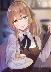 Rule 34 | 1girl, apron, blurry, blurry background, blush, breasts, brown hair, coffee, cup, girls&#039; frontline, green eyes, hair between eyes, hair ribbon, head tilt, highres, holding, holding saucer, holding tray, kodama (koda mat), large breasts, long hair, looking at viewer, ponytail, restaurant, ribbon, saucer, shirt, sidelocks, signature, smile, solo, springfield (girls&#039; frontline), tray