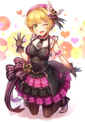 Rule 34 | 1girl, ;3, black gloves, black pantyhose, black ribbon, blonde hair, blush, breasts, full body, gloves, green eyes, heart, high heels, highres, idolmaster, idolmaster cinderella girls, idolmaster cinderella girls starlight stage, kneeling, looking at viewer, medium breasts, miyamoto frederica, mk, one eye closed, open mouth, pantyhose, ribbon, short hair, smile, solo, striped clothes, striped pantyhose, vertical-striped clothes, vertical-striped pantyhose