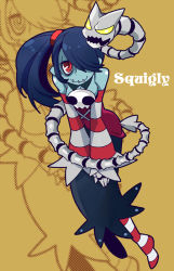 Rule 34 | 1girl, bad id, bad pixiv id, bare shoulders, blue hair, blue skin, bone, breasts, brown background, character name, colored skin, corset, detached collar, detached sleeves, leaning forward, leviathan (skullgirls), looking at viewer, no shoes, pantyhose, red eyes, scar, sepia background, side ponytail, skirt, skull, skullgirls, small breasts, smile, socks, solo, squigly (skullgirls), stitched mouth, stitches, striped clothes, striped pantyhose, tamachro, twintails, undead, zombie, zoom layer