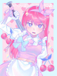Rule 34 | 1girl, absurdres, alternate costume, aubrey (faraway) (omori), aubrey (omori), blue eyes, cherry, earrings, elbow gloves, enmaided, food, fruit, gloves, hairband, highres, iro (mywife sunny), jewelry, looking at viewer, maid, musical note, omori, open mouth, pink hair, puffy sleeves, solo, teeth, upper body, white gloves