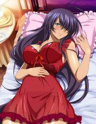 Rule 34 | 1girl, antenna hair, bare arms, bedroom, breasts, cleavage, closed mouth, cowboy shot, dress, from above, grey eyes, hair over one eye, ikkitousen, indoors, kan&#039;u unchou, large breasts, long hair, looking at viewer, lying, multi-strapped panties, nightgown, on back, on bed, orange ribbon, panties, pillow, purple hair, red dress, ribbon, see-through, see-through dress, shiny skin, short dress, side-tie panties, sleeveless, sleeveless dress, smile, solo, underwear, very long hair