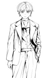 Rule 34 | 1girl, androgynous, arm at side, belt, buttons, cowboy shot, earrings, expressionless, formal, greyscale, hand in pocket, hoop earrings, jacket, jewelry, looking at viewer, monochrome, open clothes, open jacket, original, pants, short hair, simple background, solo, suit, teddy (takarada), white background, wrinkled fabric