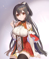 Rule 34 | 1girl, bare shoulders, black hair, black thighhighs, blush, breasts, bridal gauntlets, brown eyes, buttons, character request, commentary request, dress, gloves, hair between eyes, hair ornament, half updo, highres, invisible chair, large breasts, long hair, looking at viewer, official art, ruffling hair, short dress, sitting, sleeveless, sleeveless dress, solo, suterareta yuusha wa maou to narite shi ni modoru, teffish, thighhighs, very long hair, white gloves, zettai ryouiki