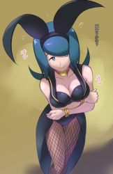 Rule 34 | 1girl, animal ears, black leotard, blue eyes, blue hair, blush, bow, bowtie, breasts, choker, cleavage, collarbone, cosplay, creatures (company), detached collar, ero kaeru, fake animal ears, fishnet pantyhose, fishnets, freckles, game freak, heart, heart choker, lana&#039;s mother (pokemon), large breasts, leotard, long hair, looking at viewer, martina (dq11) (cosplay), mature female, nintendo, pantyhose, playboy bunny, pokemon, pokemon (anime), pokemon sm, pokemon sm (anime), ponytail, rabbit ears, rabbit tail, smile, solo, strapless, strapless leotard, tail, translated, wrist cuffs