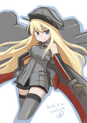 Rule 34 | 10s, 1girl, bismarck (kancolle), blonde hair, blue eyes, blush, dated, grey thighhighs, hat, kantai collection, long hair, military, military hat, military uniform, personification, pokasu, smile, solo, thighhighs, uniform