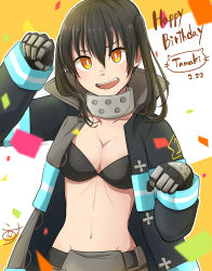 Rule 34 | 1girl, :d, bikini, bikini top only, black bikini, black coat, black hair, blush, breasts, character name, cleavage, coat, collarbone, commentary request, confetti, cowboy shot, dated, en&#039;en no shouboutai, fang, gloves, grey pants, groin, hair between eyes, happy birthday, highres, koss mori, long hair, long sleeves, looking at viewer, medium breasts, metal gloves, midriff, navel, open clothes, open coat, open mouth, pants, paw pose, sidelocks, signature, smile, solo, standing, swimsuit, tamaki kotatsu, teeth, twintails, upper teeth only, visor (armor), yellow eyes