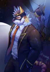 Rule 34 | 1boy, absurdres, animal ears, arange (youhei79384157), bara, between pectorals, black pants, black suit, collared shirt, facial hair, feet out of frame, formal, from side, furry, furry male, goatee, highres, jacket, large pectorals, live a hero, male focus, mask, muscular, muscular male, necktie, necktie between pectorals, official alternate costume, open clothes, open jacket, orange fur, pants, pectorals, red necktie, reflection, ryekie (live a hero), shirt, solo, spikes, suit, thighs, tiger boy, tiger ears