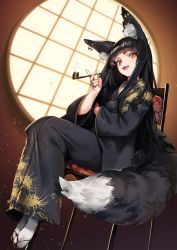 Rule 34 | 1girl, animal ear fluff, animal ears, black hair, blunt bangs, chair, commission, ear piercing, earrings, fang, floral print, flower, fox ears, fox girl, fox tail, holding, holding smoking pipe, indoors, japanese clothes, jewelry, light particles, light rays, long sleeves, looking at viewer, okame nin, open mouth, original, piercing, pinky ring, ring, sitting, skeb commission, skin fang, smile, smoke, smoking pipe, solo, spider lily, spider lily print, tail, third-party source, thumb ring, tongue, wide sleeves, yellow eyes