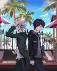 Rule 34 | 2boys, back-to-back, black jacket, black legwear, blue sky, blurry, blurry background, chain, clenched hand, closed mouth, cloud, commentary request, covering one eye, danganronpa (series), day, fence, from side, green jacket, grey shirt, grin, hand in own hair, hand over eye, highres, holding, jacket, kaer sasi dianxia, komaeda nagito, looking down, male focus, medium hair, multicolored hair, multiple boys, open clothes, open jacket, original, outdoors, palm tree, pants, shirt, sky, smile, sunlight, danganronpa 2: goodbye despair, teeth, tree, white hair, white shirt
