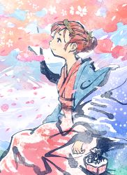 Rule 34 | 1girl, bag, black eyes, blush, cherry blossoms, commentary request, flower, hair bun, hair ornament, japanese clothes, kimono, long sleeves, obi, original, painting (medium), petals, profile, red hair, red kimono, sash, smile, solo, tomamatto, traditional media, tree, watercolor (medium), wide sleeves