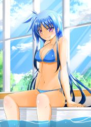 Rule 34 | 1girl, bare shoulders, blue hair, blush, breasts, fang, hair ribbon, highres, long hair, looking at viewer, lyrical nanoha, magical girl, mahou shoujo, levi the slasher, medium breasts, purple eyes, ribbon, smile, solo, swimsuit, twintails
