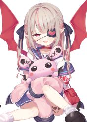 Rule 34 | alternate costume, bag, collar, commentary request, demon wings, eyepatch, fangs, hair ribbon, heart, heart-shaped pupils, highres, jacket, ksk (semicha keisuke), looking at viewer, makaino ririmu, nijisanji, open mouth, pillow, pointy ears, ribbon, school uniform, simple background, sitting, stuffed toy, symbol-shaped pupils, virtual youtuber, white background, wings
