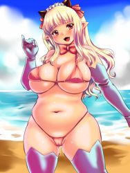 Rule 34 | 1girl, beach, blonde hair, blush, breasts, cameltoe, cleavage, fangs, hair ribbon, highres, kokumotsu, large breasts, long hair, looking at viewer, navel, original, plump, pointy ears, pussy juice, red eyes, ribbon, smile, solo, standing, swimsuit, thighhighs