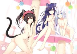 Rule 34 | 3girls, absurdres, animal ears, ass, bare legs, barefoot, black hair, blue eyes, breasts, breath (artist), cat tail, clock eyes, collarbone, completely nude, date a live, feet, groin, hair ornament, hair ribbon, hairband, hairclip, heterochromia, highres, long hair, looking at viewer, medium breasts, multiple girls, navel, nipples, nude, nude filter, open mouth, purple eyes, purple hair, red eyes, red hairband, ribbon, short hair, sideboob, small breasts, stomach, symbol-shaped pupils, tail, thighs, third-party edit, tobiichi origami, toes, tokisaki kurumi, tongue, tongue out, tsunako, twintails, white hair, white ribbon, yatogami tooka, yellow eyes