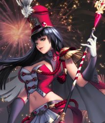 Rule 34 | 1girl, alternate costume, black hair, breasts, cape, card (medium), chaos online, cleavage, curvy, feathers, female focus, fireworks, gloves, green eyes, hat, large breasts, long hair, love cacao, midriff, navel, obly, official art, parted lips, shako cap, simple background, skirt, smile, solo, staff, standing, transparent background, white gloves, wide hips