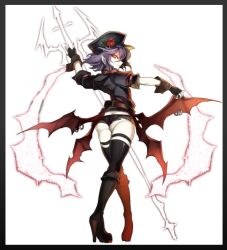 Rule 34 | 1girl, ass, back, bad id, bad pixiv id, bat wings, belt, black thighhighs, boots, female focus, fingerless gloves, flower, framed, gloves, glowing, glowing eyes, hat, high heel boots, high heels, jacket, looking at viewer, looking back, military, military uniform, multiple wings, pointy ears, purple eyes, red eyes, red flower, red rose, remilia scarlet, rose, shako cap, shoes, short hair, short shorts, short sleeves, shorts, smile, solo, spear the gungnir, thighhighs, touhou, uniform, wadani hitonori, wings
