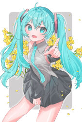 Rule 34 | 1girl, ahoge, aqua eyes, aqua hair, aqua necktie, bare shoulders, buttercup (flower), collared shirt, cowboy shot, detached sleeves, dot nose, falling petals, fang, flower, hair ornament, hatsune miku, highres, index finger raised, long hair, looking at viewer, mokoinu (pixiv 27216243), necktie, open mouth, petals, pointing, pointing at viewer, shirt, skin fang, skirt, skirt tug, smile, solo, thighhighs, twintails, very long hair, vocaloid, wind, wind lift, yellow flower