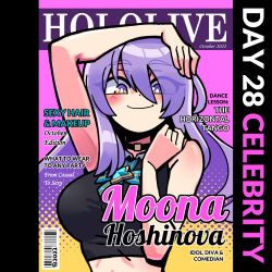 Rule 34 | 1girl, absurdres, arm up, artist logo, barcode, black choker, black shirt, blonde hair, blush, breasts, character name, choker, closed mouth, commentary, copyright name, cover, cropped shirt, dated, english commentary, english text, eyes visible through hair, fake magazine cover, hair between eyes, highres, hololive, hololive indonesia, iqbal fauzi, long hair, looking at viewer, magazine cover, medium breasts, moona hoshinova, multicolored eyes, multicolored hair, pillarboxed, pink background, polka dot, polka dot background, purple eyes, purple hair, shirt, sidelocks, sleeveless, sleeveless shirt, smile, solo, two-tone hair, upper body, virtual youtuber, yellow background, yellow eyes