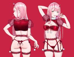 Rule 34 | 1girl, ass, blunt bangs, blush, bomhat, bra, breasts, candy, cleavage, commission, cowboy shot, darling in the franxx, food, fur-trimmed collar, fur trim, garter belt, garter straps, green eyes, holding, holding candy, holding food, holding lollipop, horns, lingerie, lollipop, long hair, looking at viewer, moeflavor (company), multiple views, panties, parted lips, pink hair, pom pom (clothes), puffy short sleeves, puffy sleeves, red background, red bra, red horns, red panties, see-through, see-through sleeves, short sleeves, small breasts, smile, thighhighs, underboob, underwear, zero two (darling in the franxx)